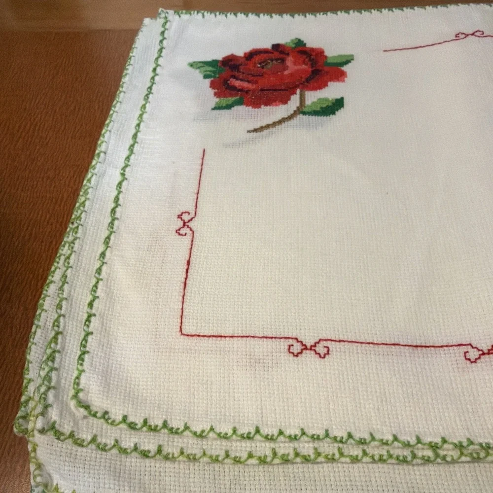Vintage Set 6 Placemats‎ & Napkins Cross Stitch Pink Rose Handmade Never Used